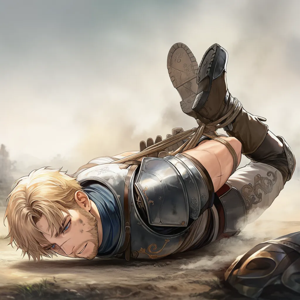 男性騎士が逆海老縛り（うつ伏せ・背中縛り）されたAIイラスト｜プロンプト解説