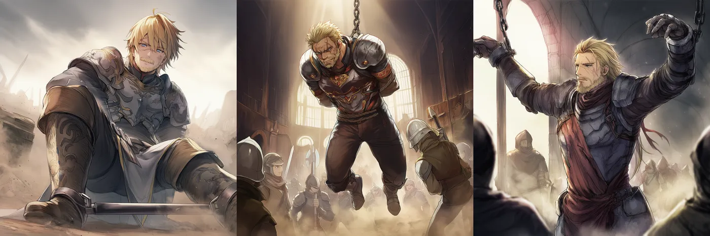 男性騎士が拘束された状態を再現したAIイラストの作例