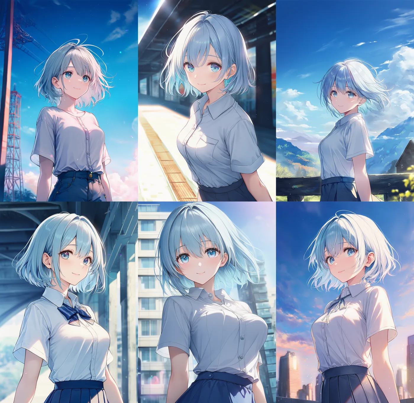 様々な建築物を背景にした美少女AIイラストの作例