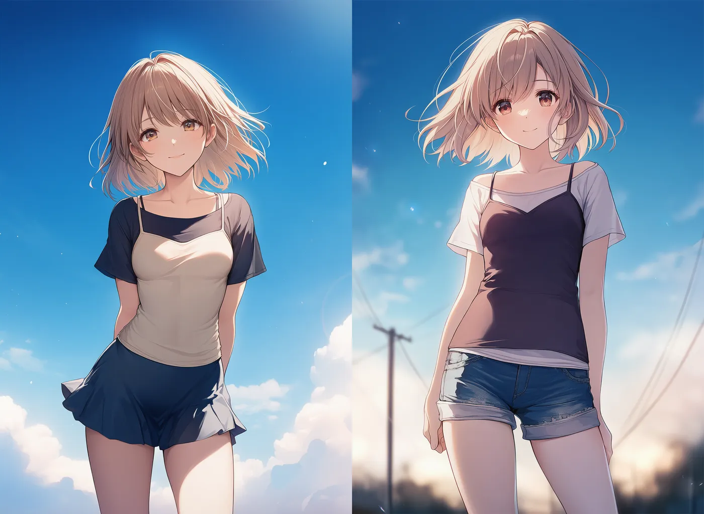 キャミソールで重ね着ファッションをした美少女のAIイラスト|プロンプト紹介
