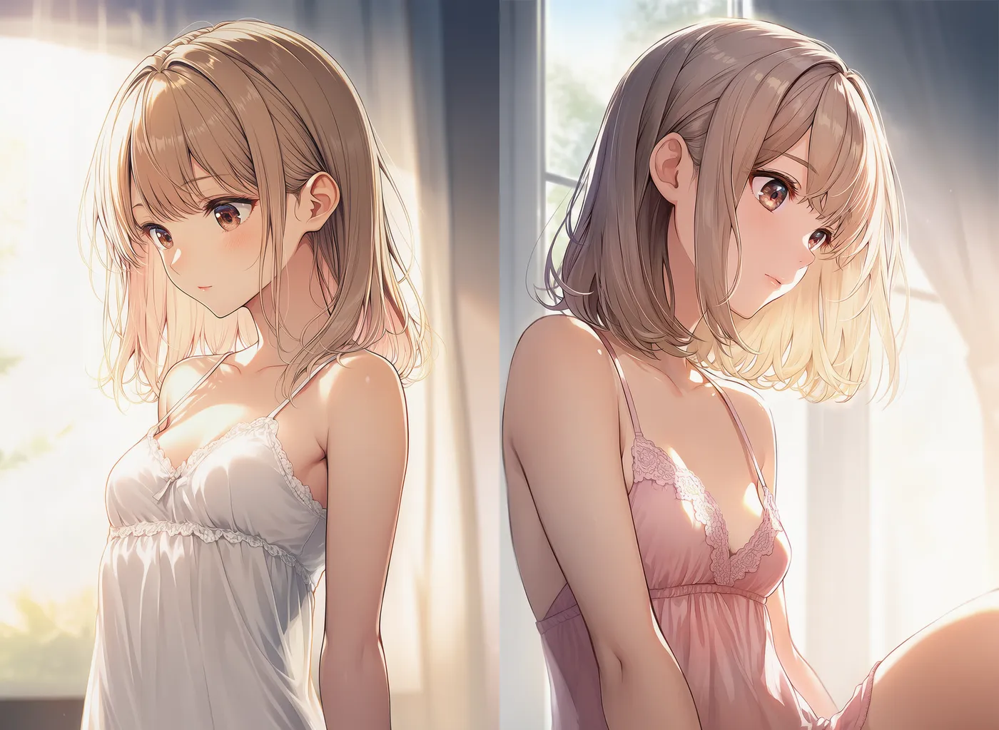 シルク・サテンのそれぞれのキャミソールの素材を再現したAIイラスト