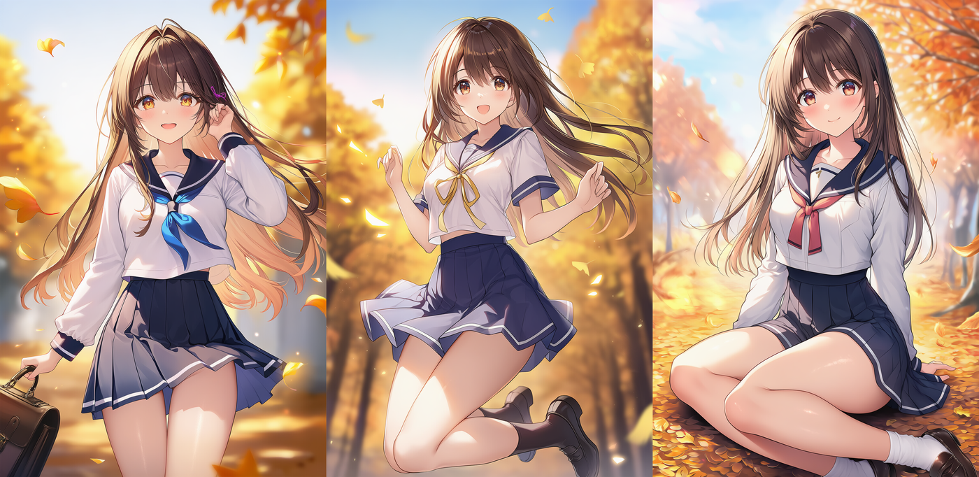 さまざまな角度からキャラクターの太ももを再現したAIイラストの作例