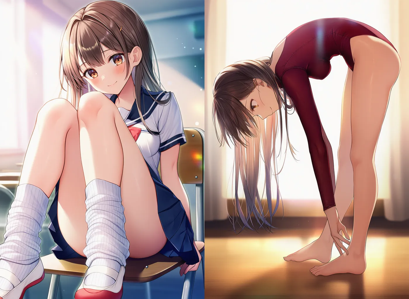 ソックスやレオタードなどの衣装でふとももを強調したAIイラストの参考作例|プロンプト紹介