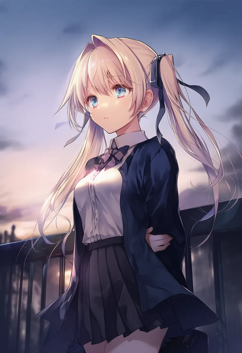 明け方のドラマチックな光と美少女AIイラストの作例