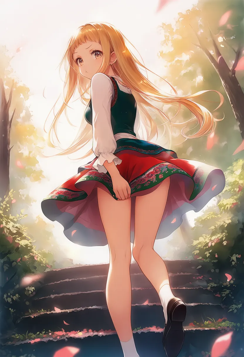 階段下から見上げたカメラ視点のプロンプト紹介