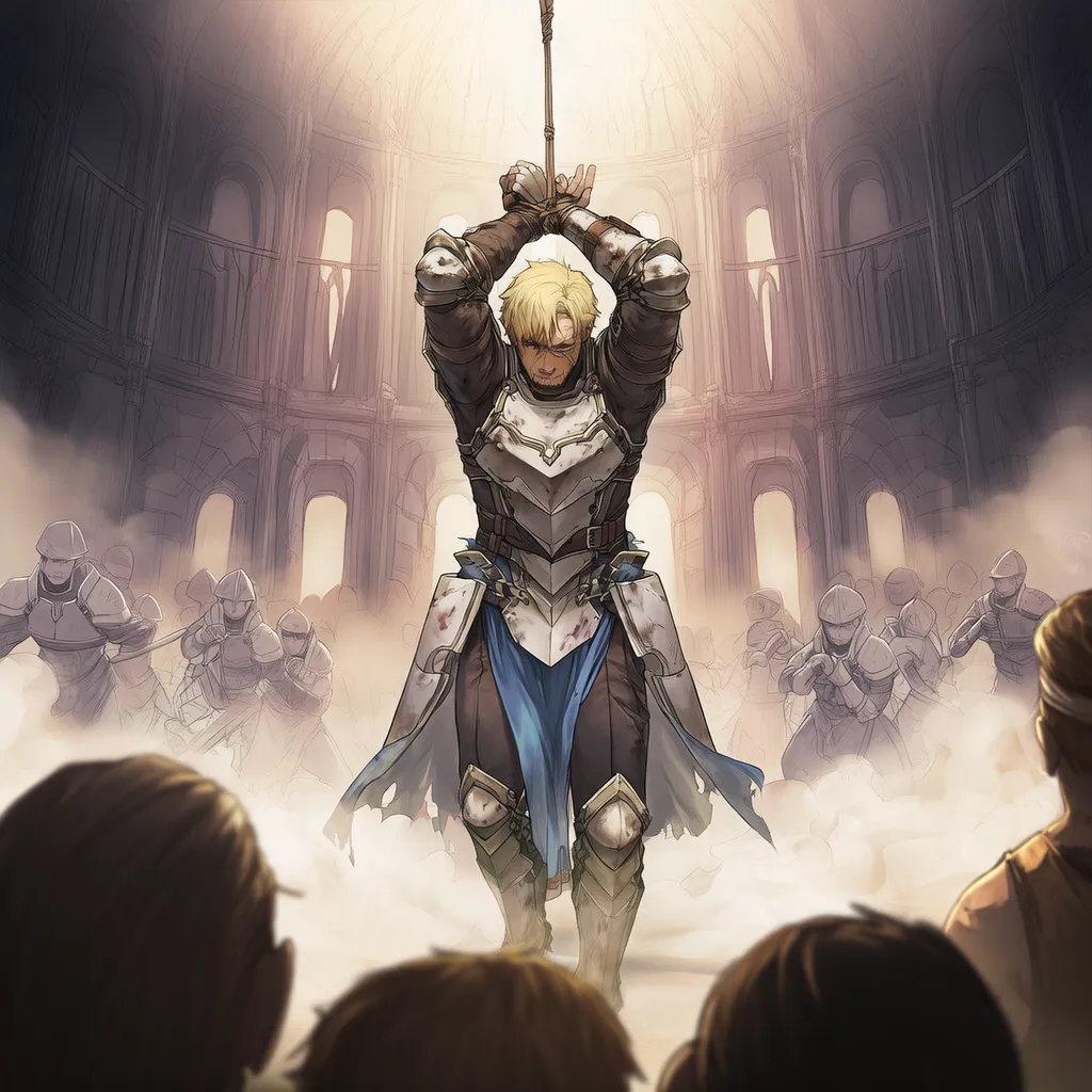 男性騎士が腕を縛られて上に吊るされたAIイラスト｜プロンプト解説