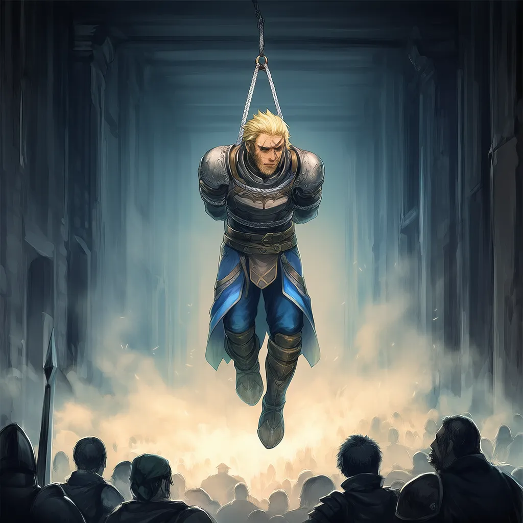 男性騎士が体を縛られ拘束して吊るされたAIイラスト｜プロンプト解説