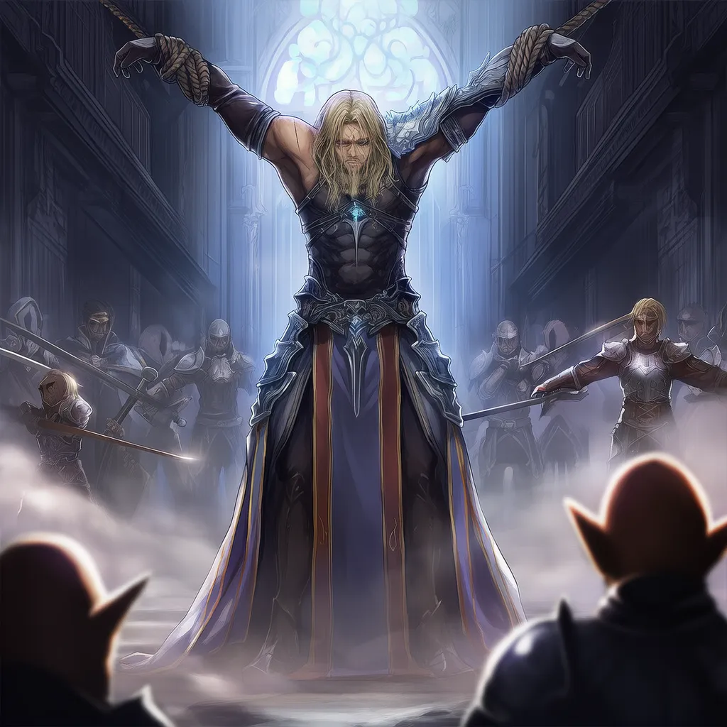 男性騎士が腕を広げて拘束されて吊るされたAIイラスト｜プロンプト解説