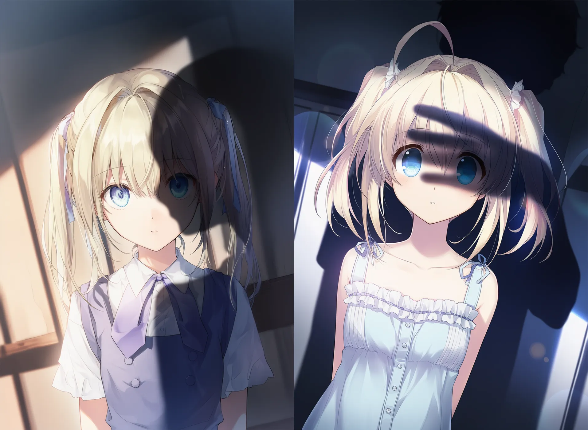 人の影がキャラクターに重なっている様子のAIイラストの作例|プロンプト紹介