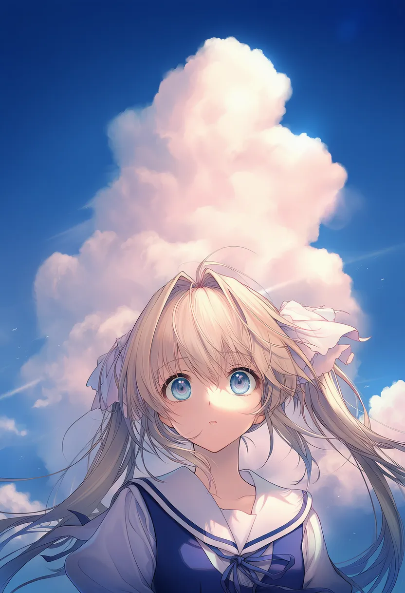真夏の青空と不吉な影の美少女AIイラストの作例