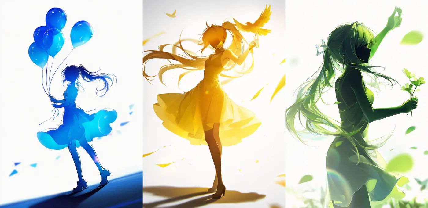 青・黄・緑のシルエットアートの少女のAIイラスト|プロンプト紹介