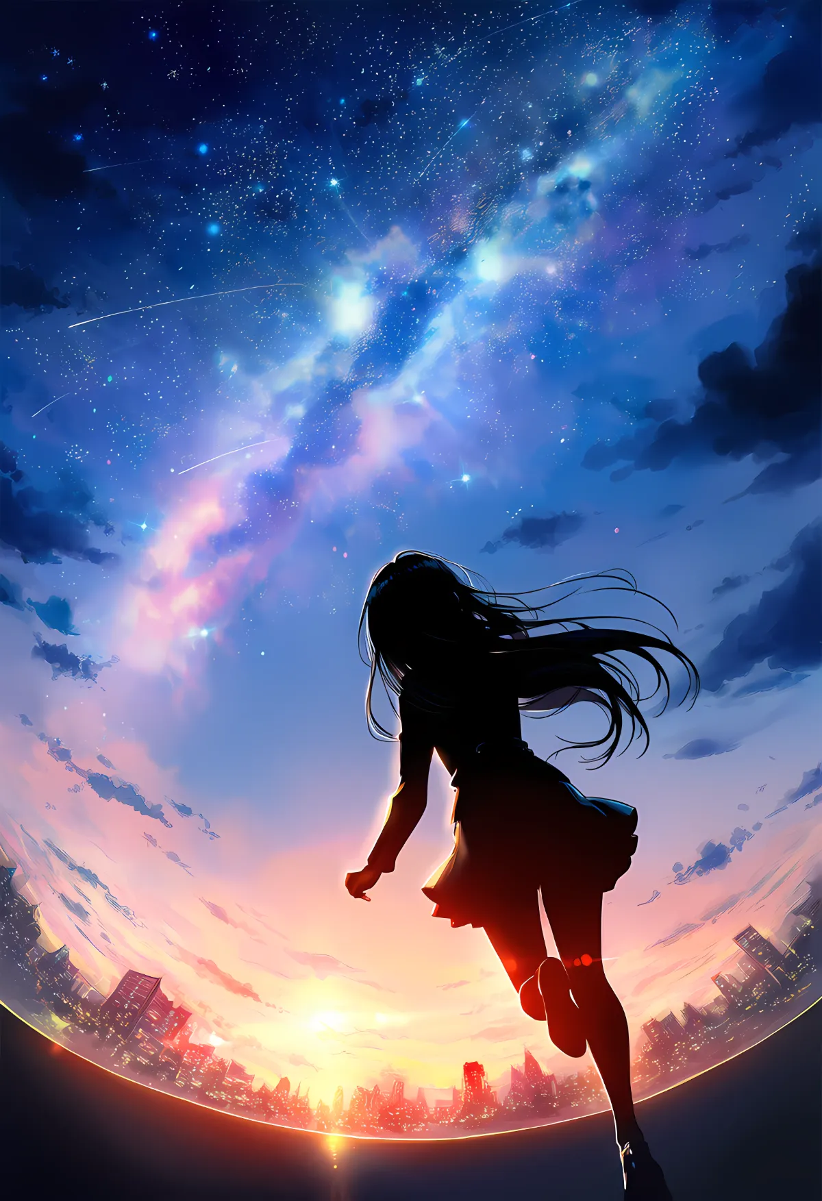 星空と都会を背景にした少女のシルエットのAIイラスト|プロンプト紹介