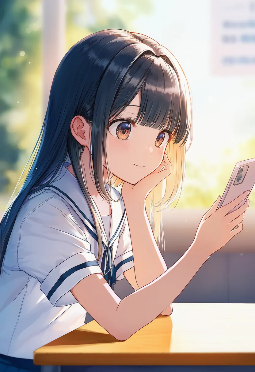 スマホを片手にもつ制服美少女のAIイラスト|Sora2動画生成用の素材
