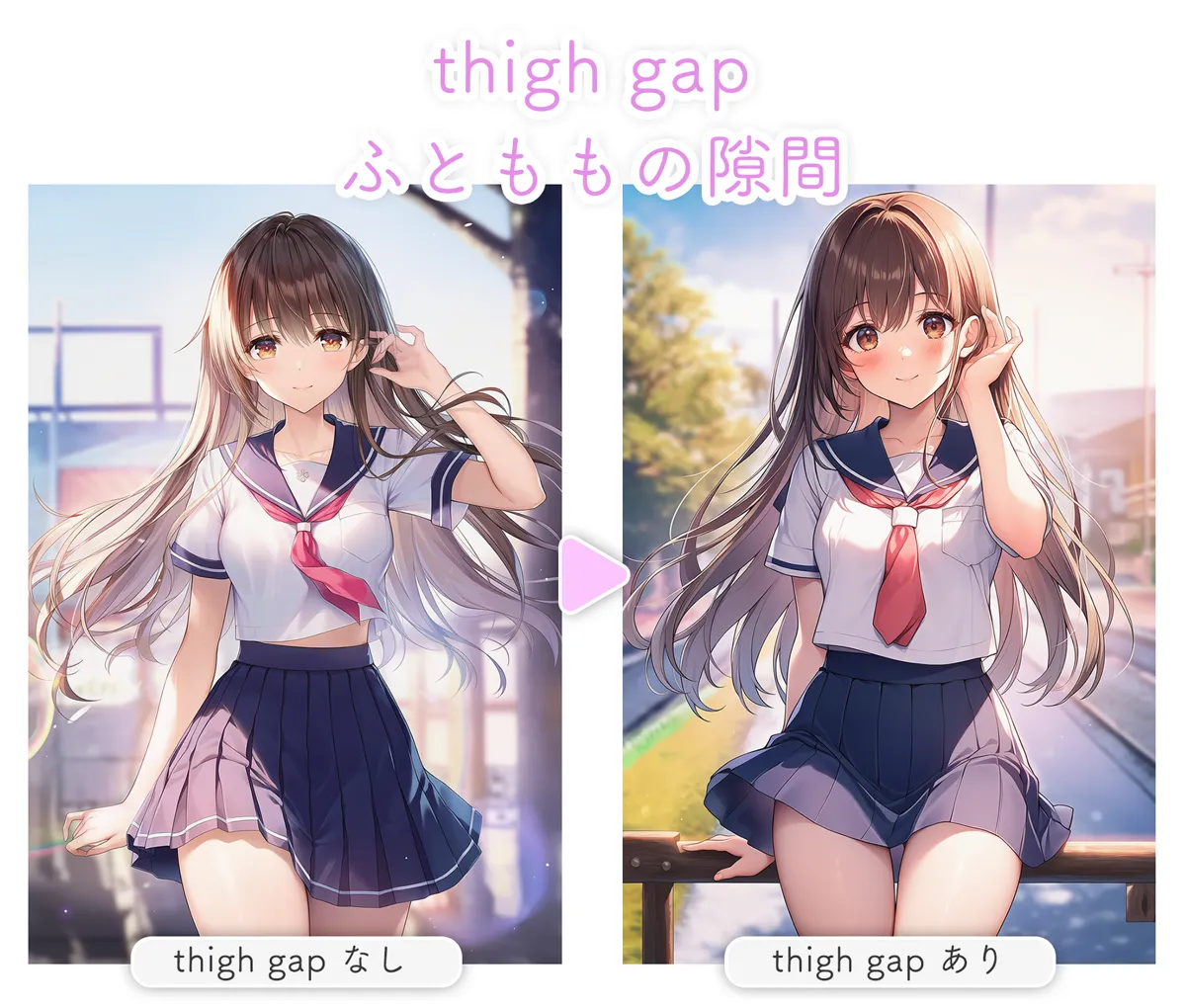 thigh gapの有無によるイラストの差異を比較した参考資料
