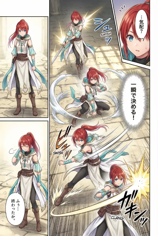 コマ送り（動作を分解して1つのコマに描写する）｜AI漫画の演出テクニックのプロンプト紹介