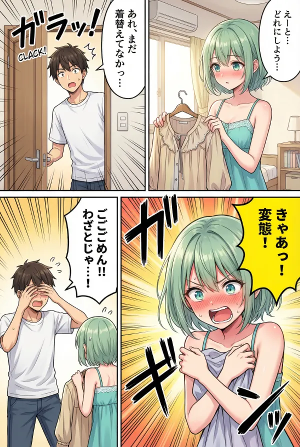 着替え中に部屋に入られて「きゃあっ！変態！」｜AI漫画の定番ネタ