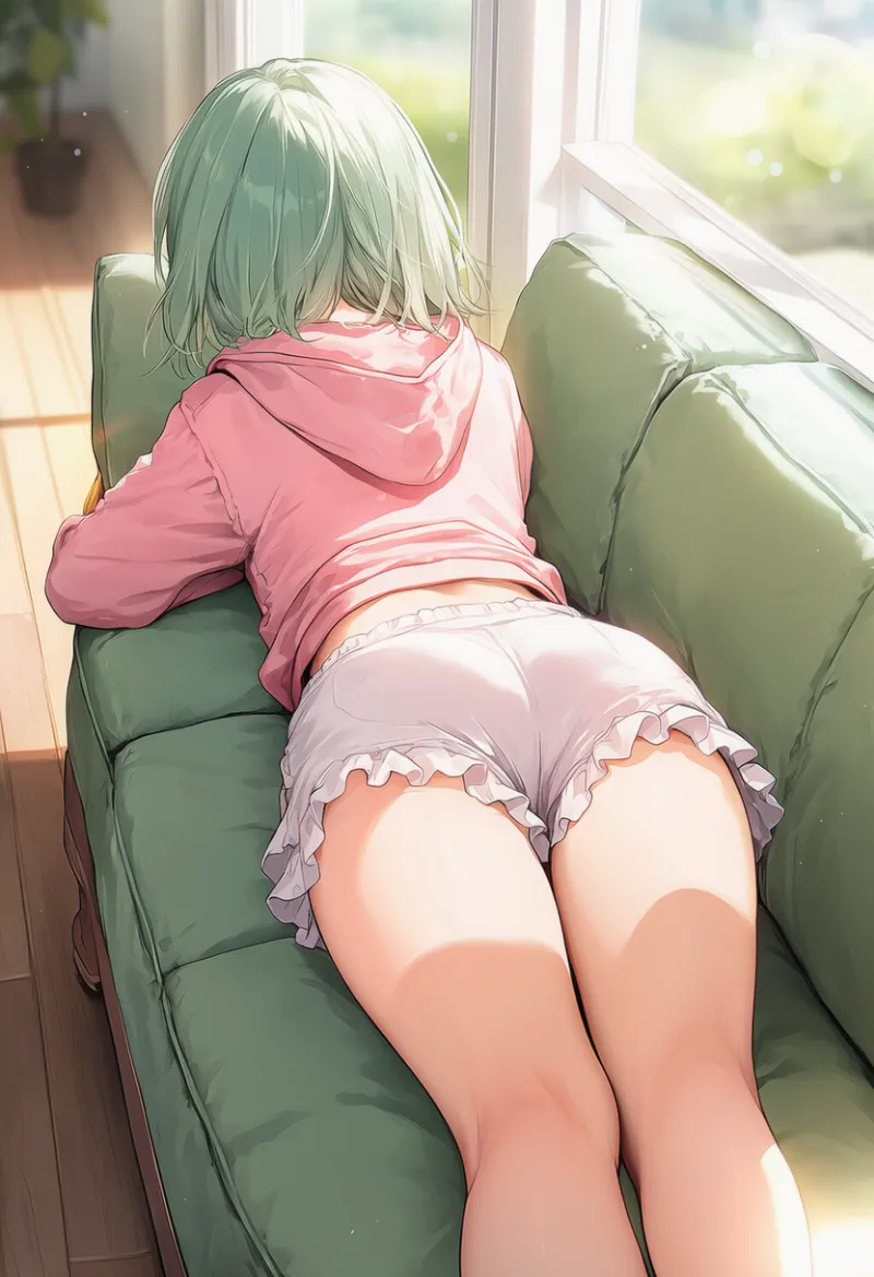 うつ伏せ姿勢から見るお尻アングルのAIイラストの作例｜プロンプト紹介