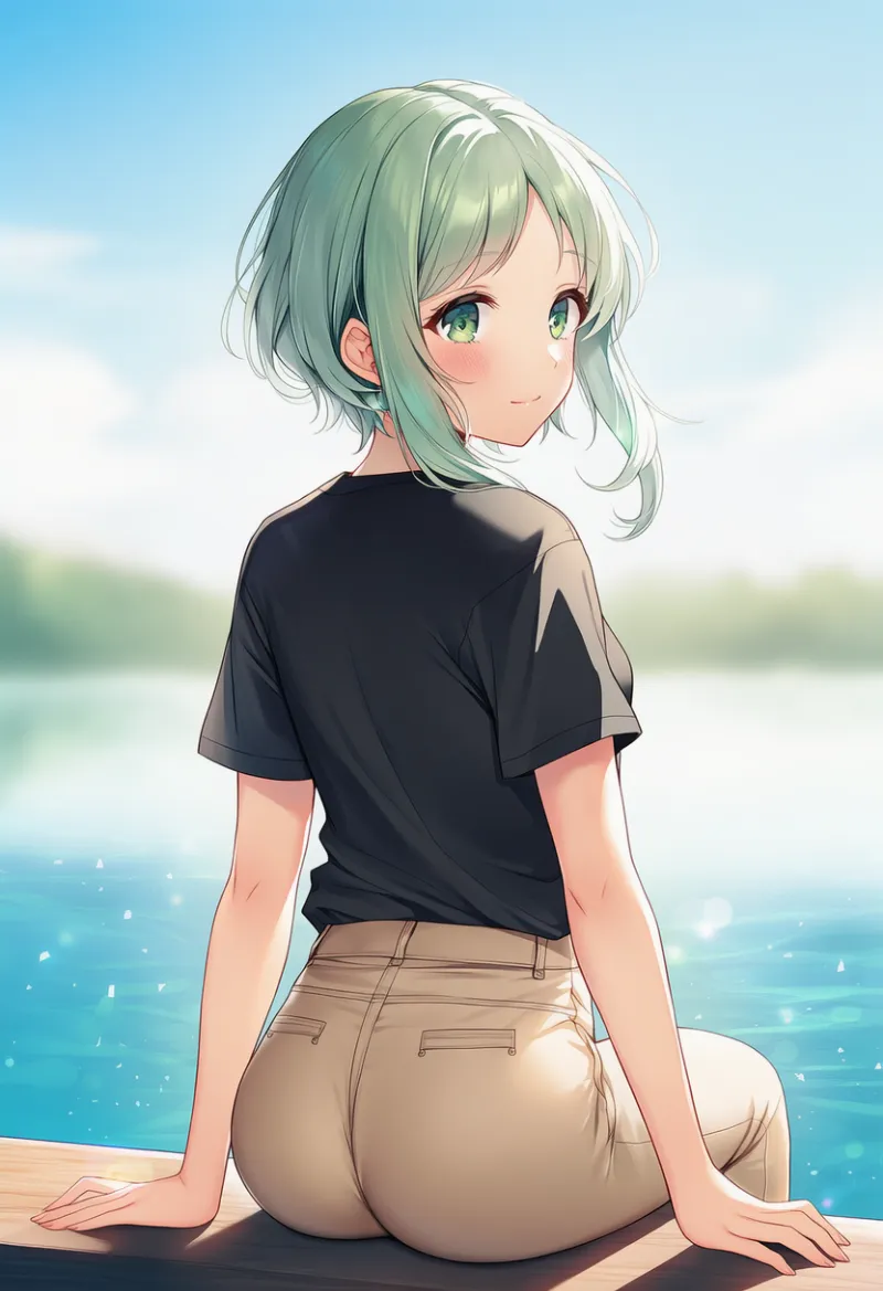 お尻を向けて座る状態を再現したAIイラスト｜プロンプト紹介