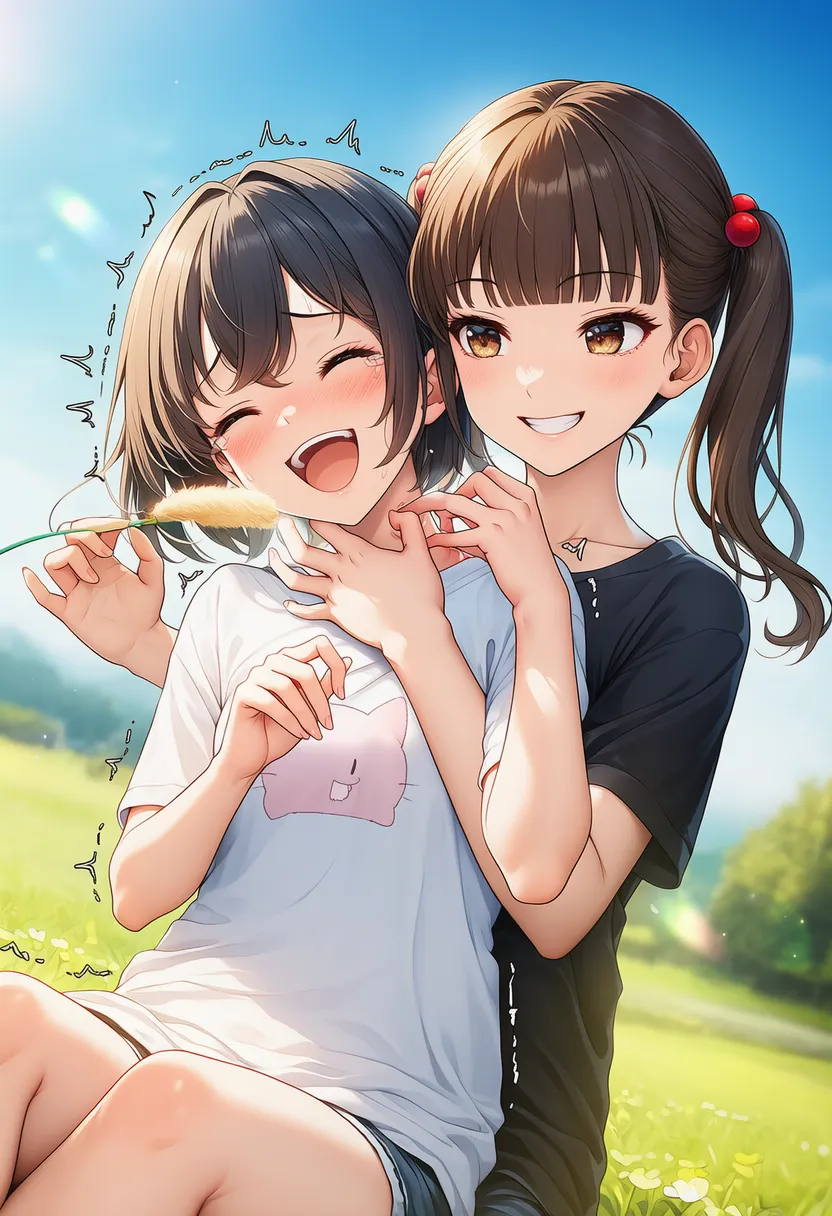 猫じゃらしでキャラクターをくすぐるAIイラスト|プロンプト紹介