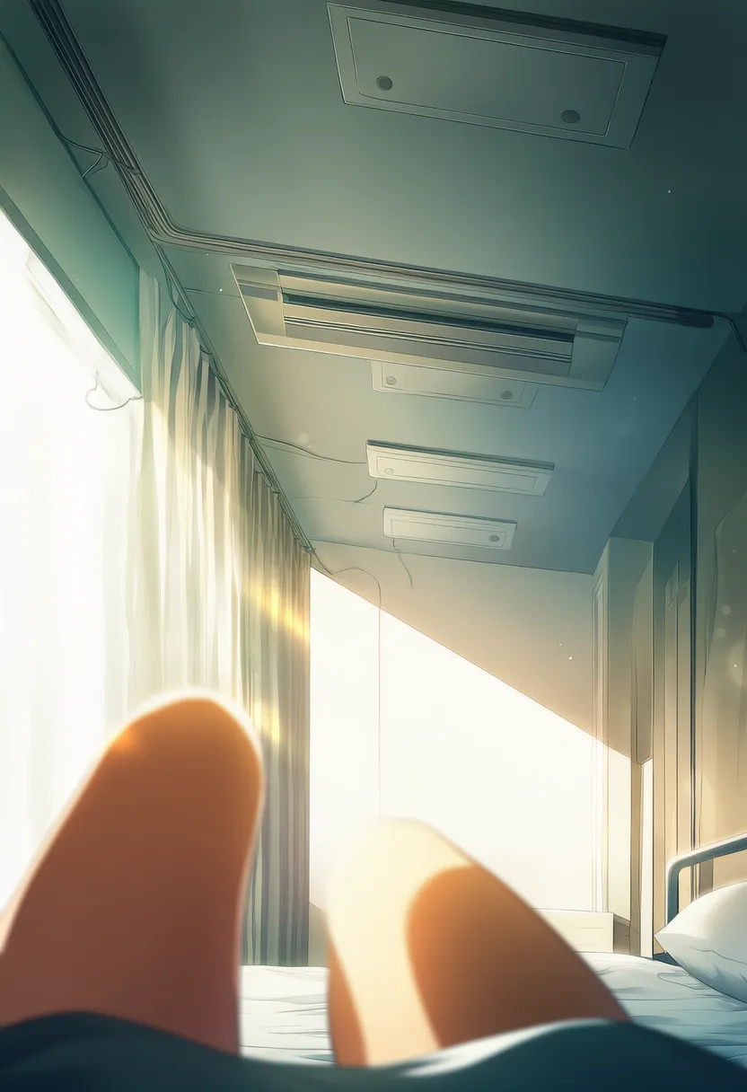 天井を見上げるアングルで自室の天井を描写したAIイラストの作例