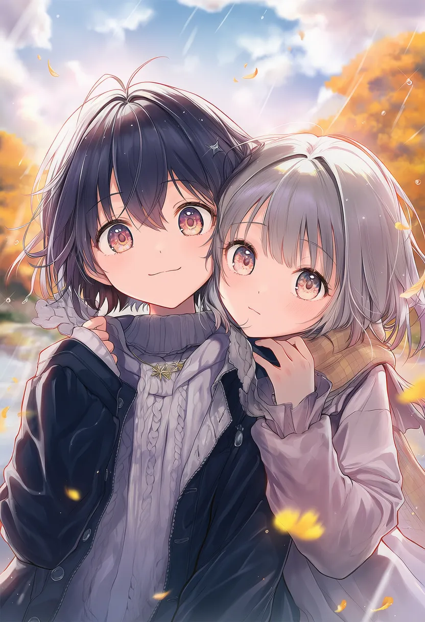 頬を肩に乗せる2人のポーズのAIイラスト|プロンプト紹介