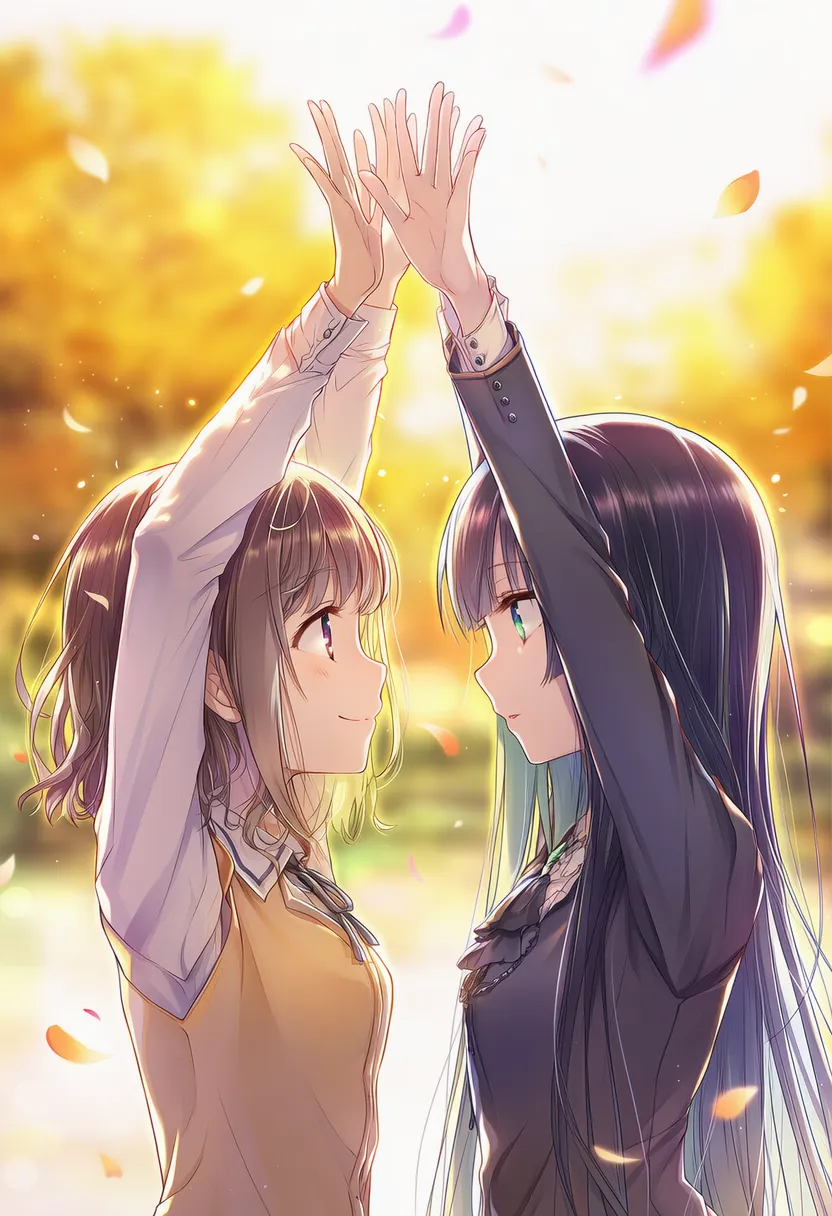 ダブル・ハイタッチする2人のポーズのAIイラスト|プロンプト紹介