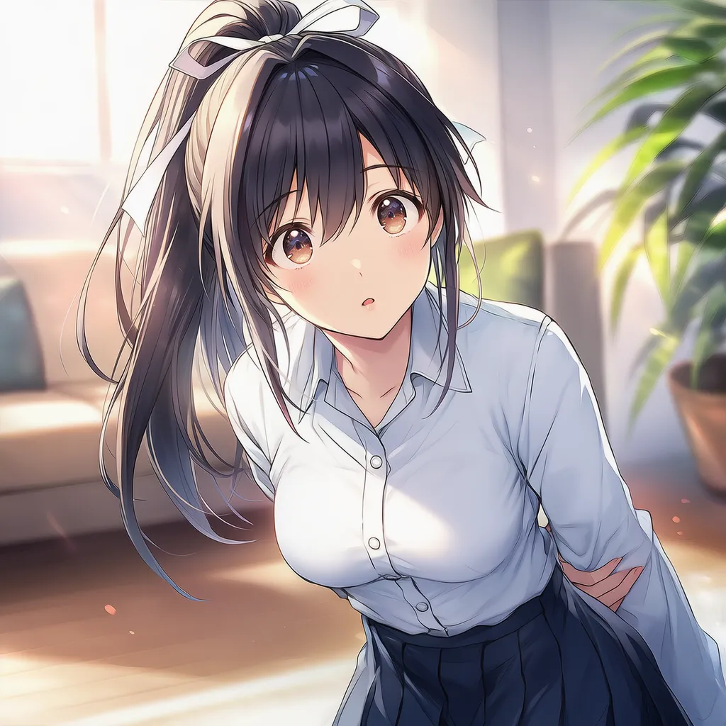 リビングでくつろぐ美少女AIキャラクターのAIイラスト