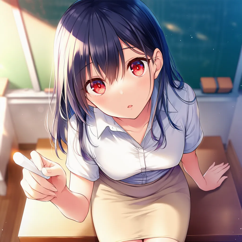 教室でチョークを持っている美少女AIキャラクターのAIイラスト