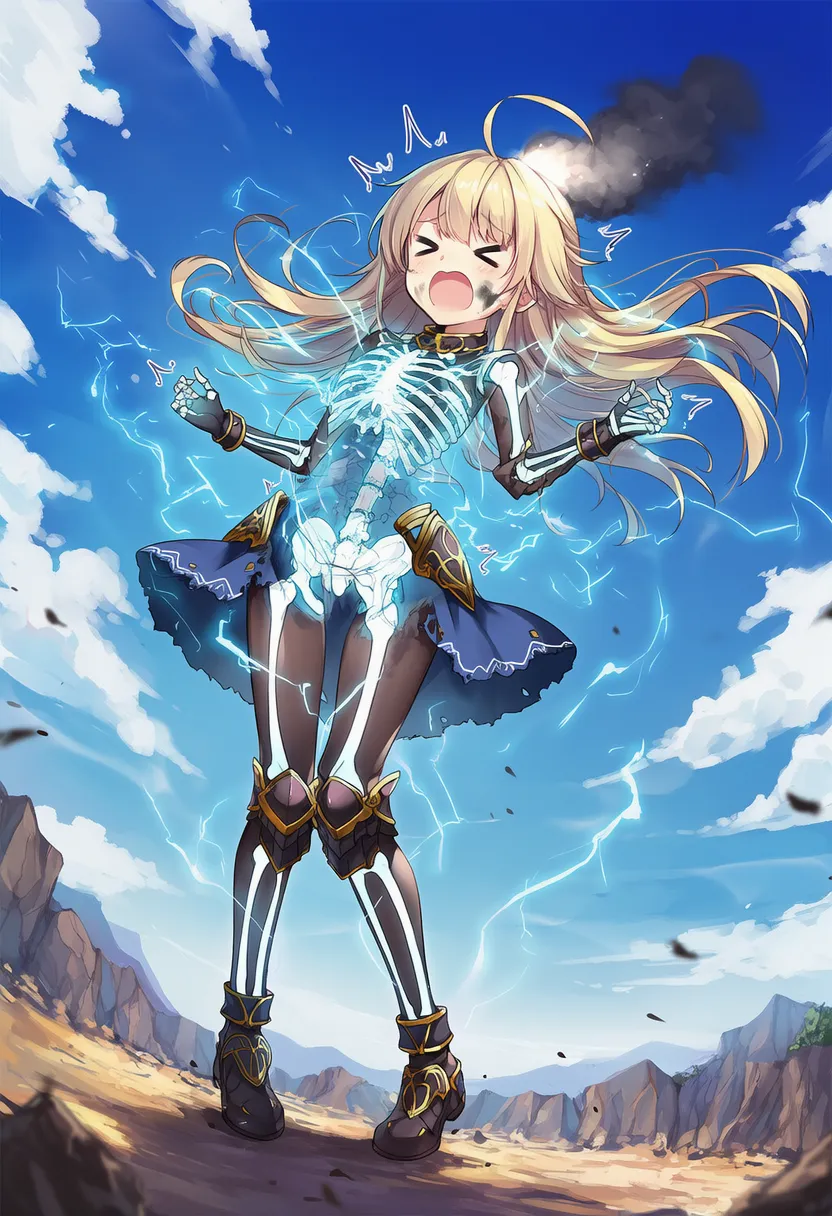 骨透けで感電しているエフェクトのギャグAIイラストの作例2|プロンプト紹介