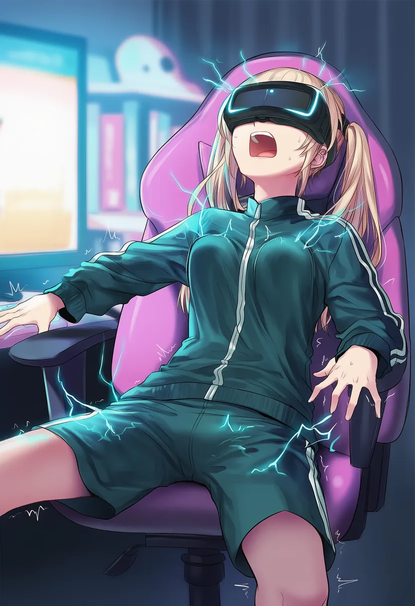 椅子・VR装置に座り仮想世界でゲーム中に感電した状態を再現したAIイラスト|プロンプト紹介