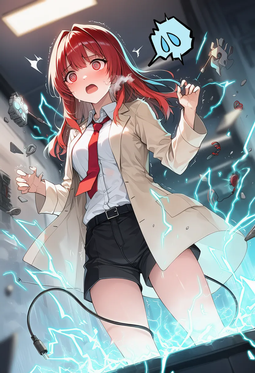 科学実験中に実験に失敗して感電して麻痺するギャグシーンを再現したAIイラストの作例|プロンプト紹介