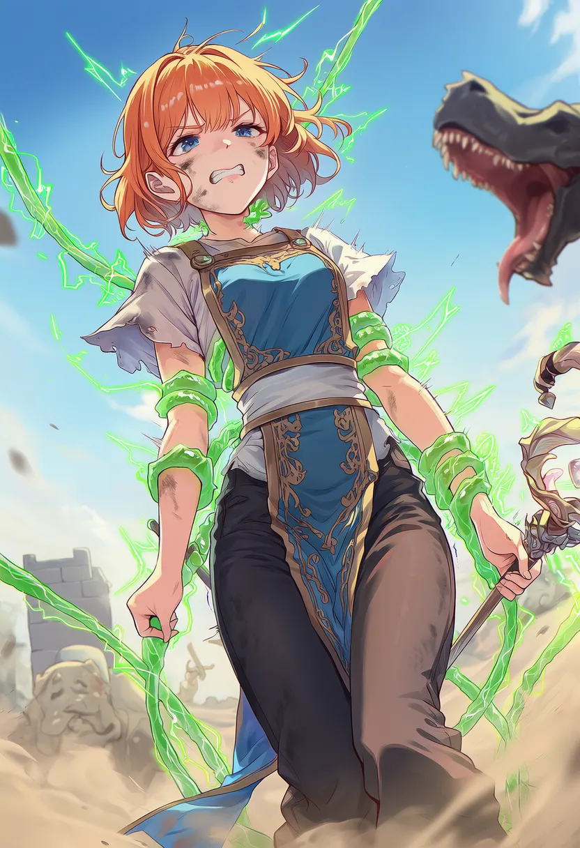 触手モンスターに腕を掴まれて感電エフェクトが発生している状態を再現したAIイラスト(バトルシーン)|プロンプト紹介