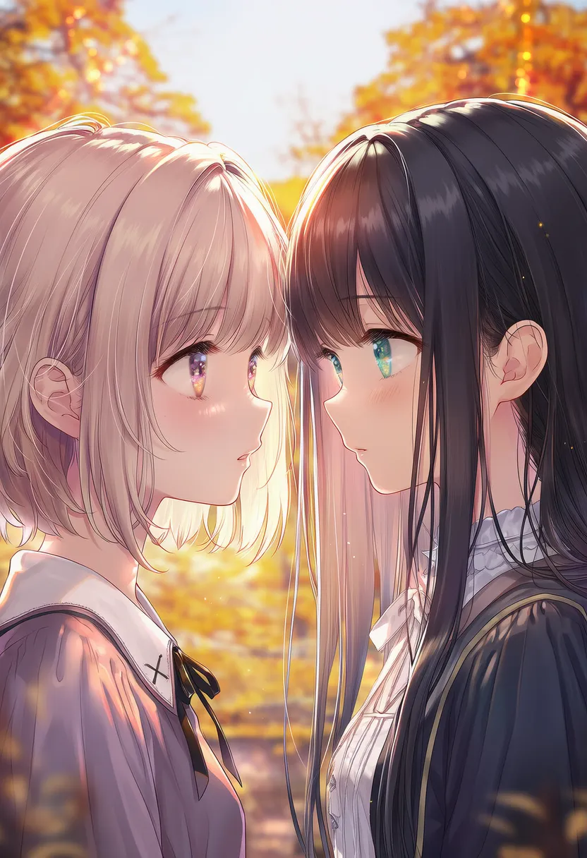 見つめ合う2人のポーズのAIイラスト|プロンプト紹介