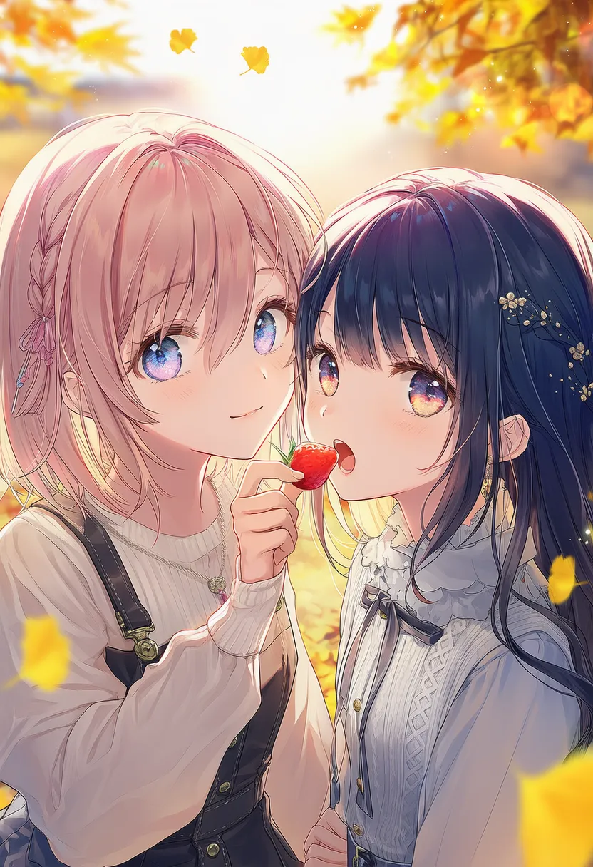 「あーん」する2人のポーズのAIイラスト|プロンプト紹介