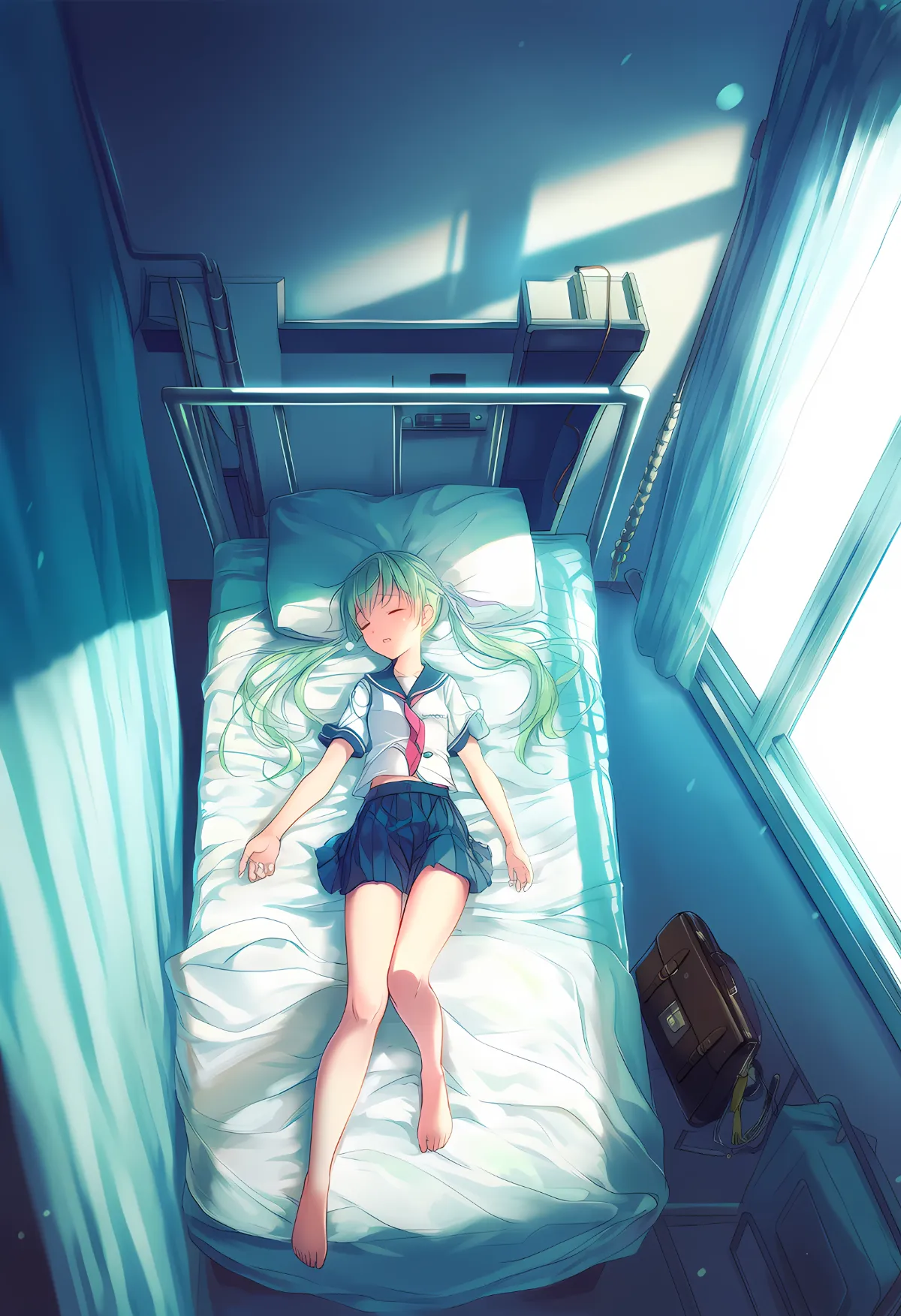 天井から見下ろすアングルで寝ている美少女を描写したAIイラスト作例