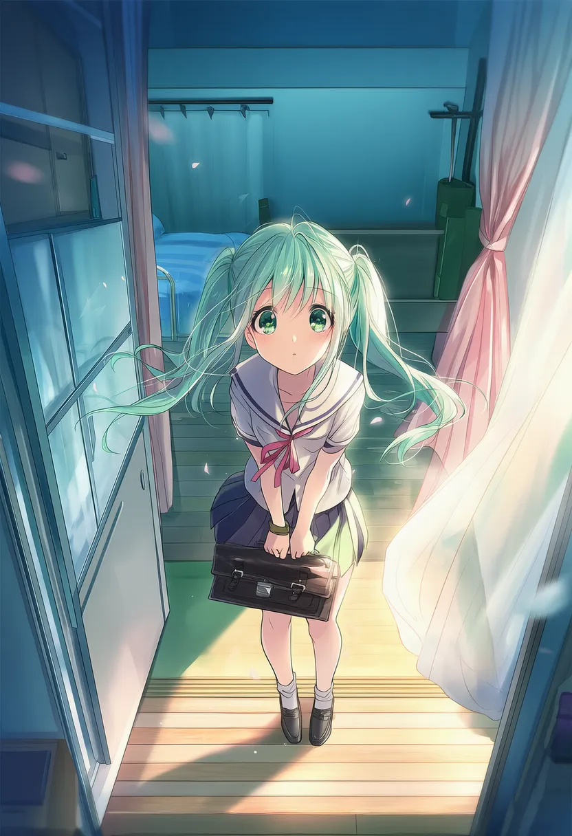 天井から見下ろす視点で自室にいる美少女を再現したAIイラストの作例-1(クローズアップ)