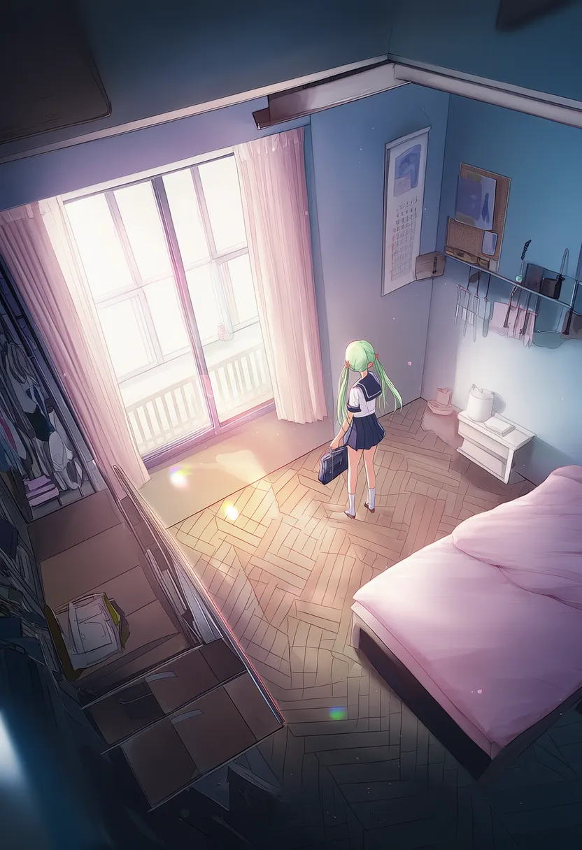 天井から見下ろす視点で自室にいる美少女を再現したAIイラストの作例-2(ワイドショット)