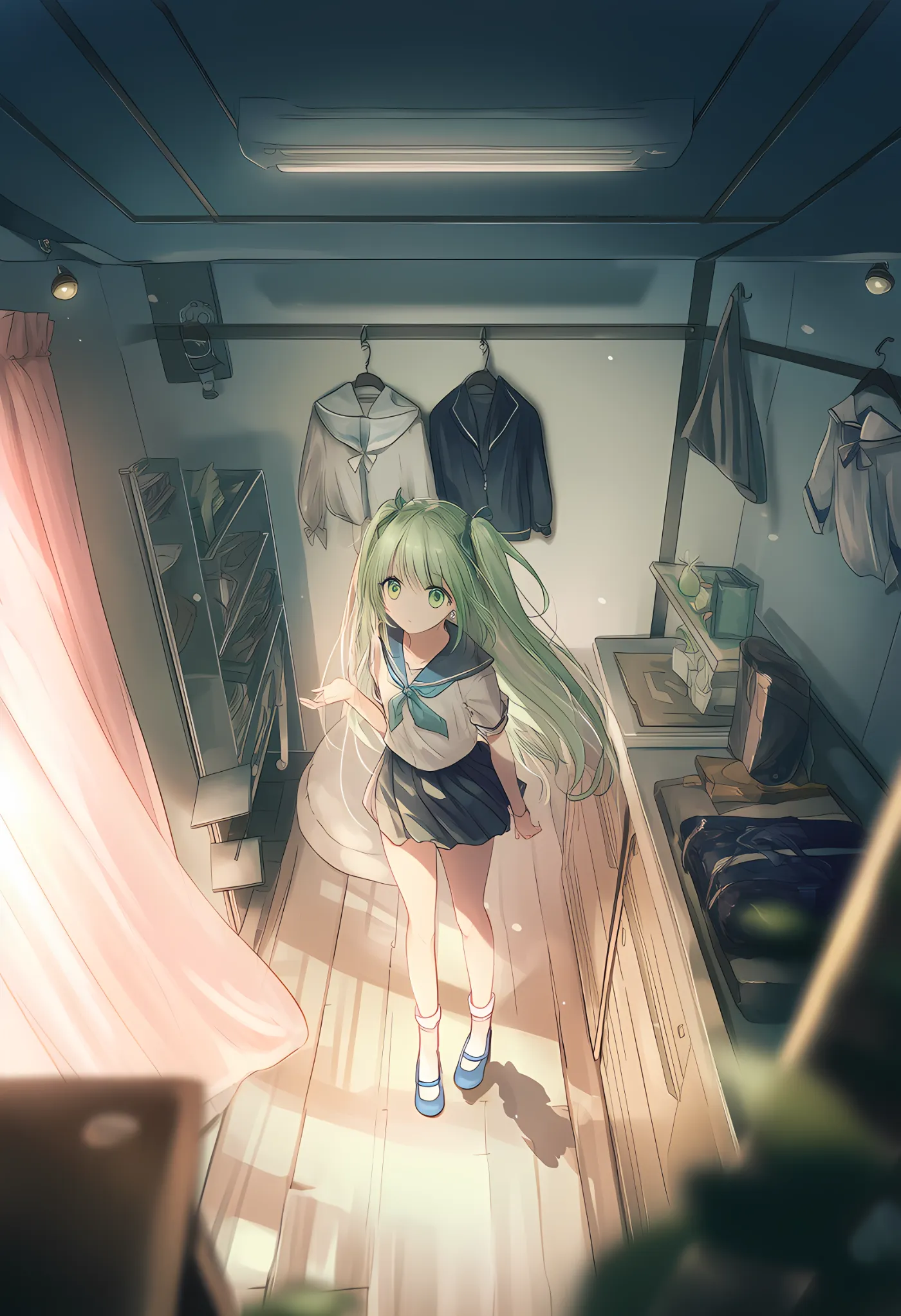 天井から見下ろす視点で自室にいる美少女を再現したAIイラストの作例-3(前ボケを入れる)