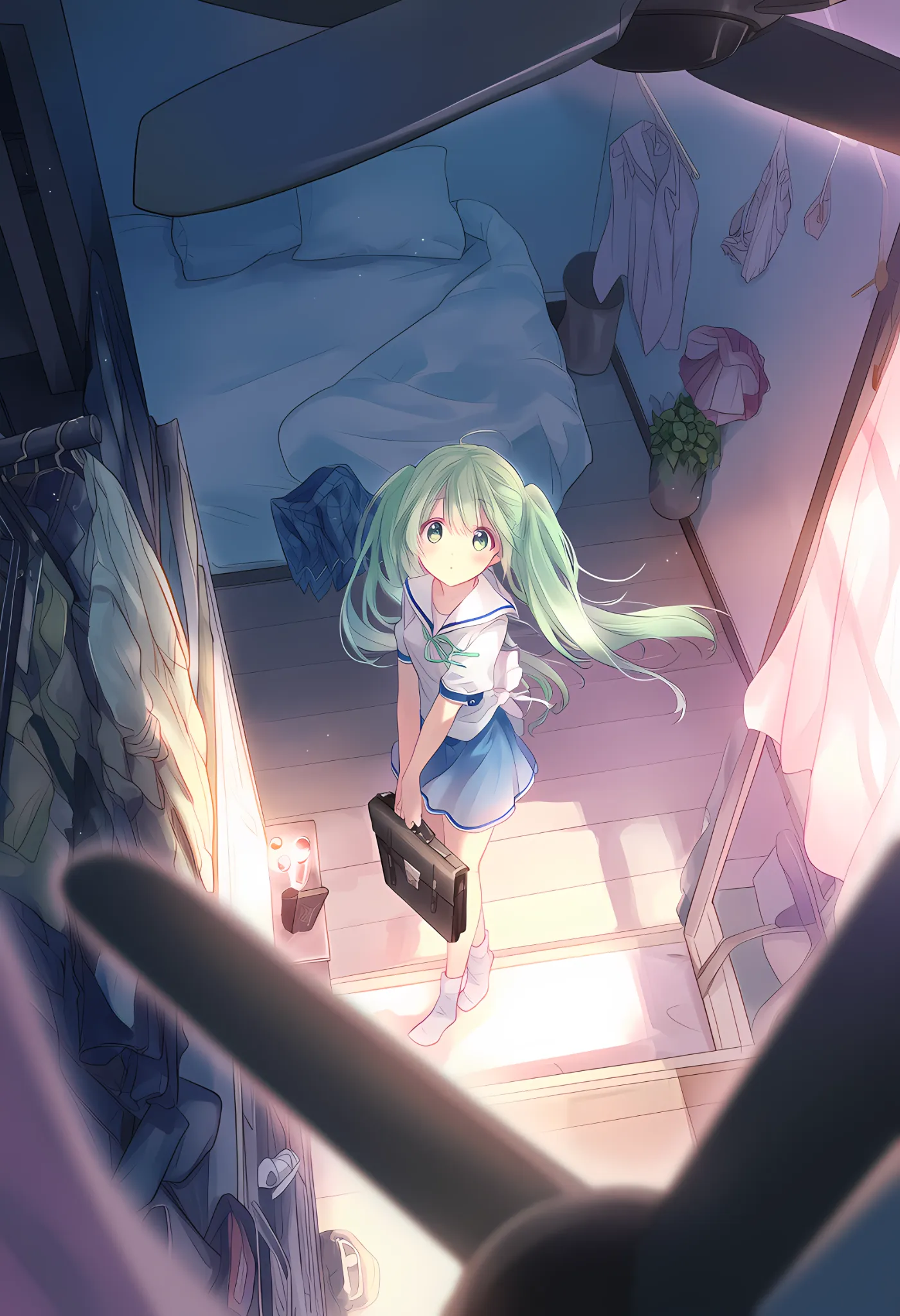 シーリングファンの前ボケを入れた、天井から見下ろす視点で自室にいる美少女を再現したAIイラストの作例