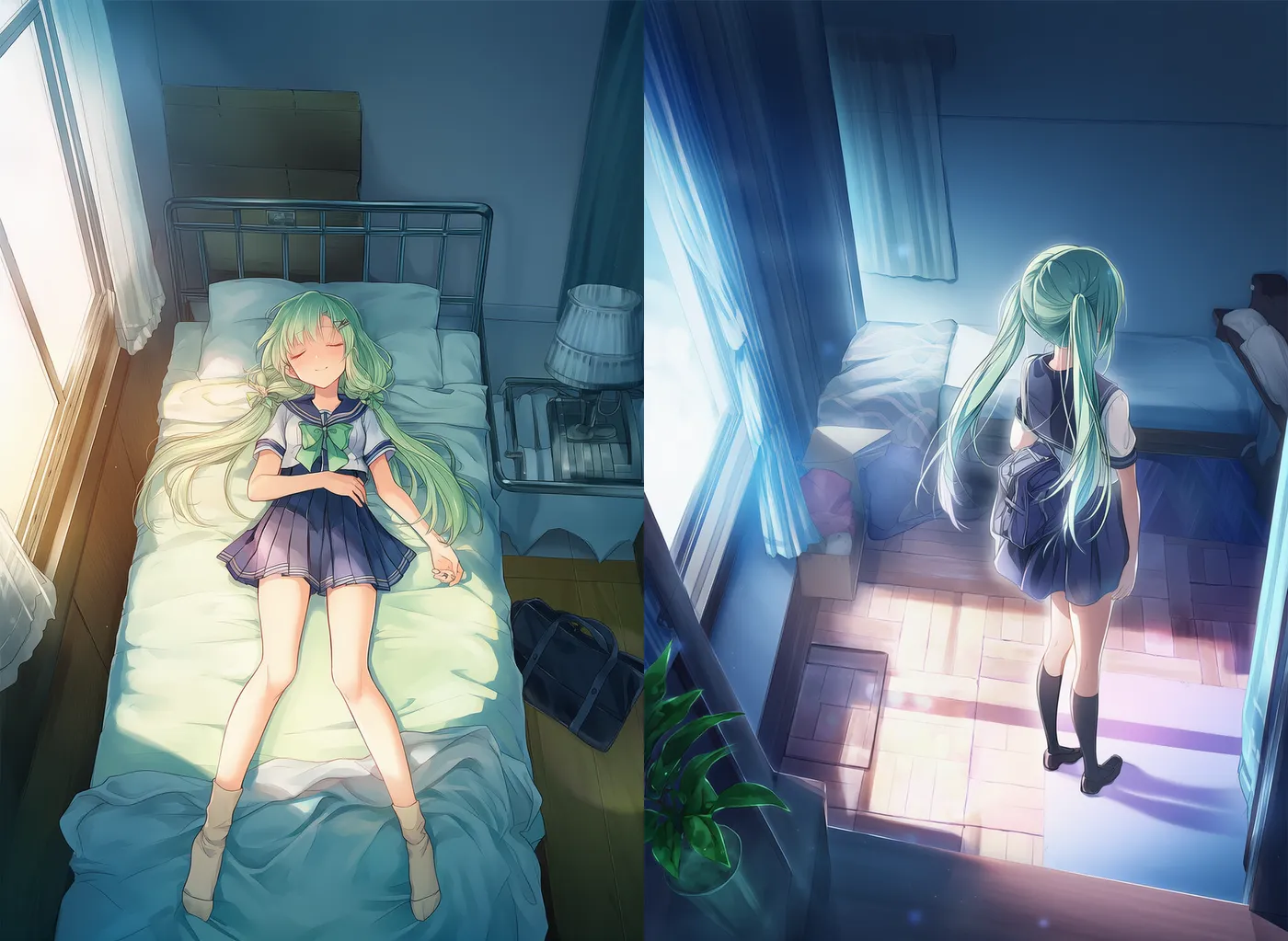 天井から見下ろすアングルで自室にいる美少女を再現したAIイラスト|プロンプト紹介