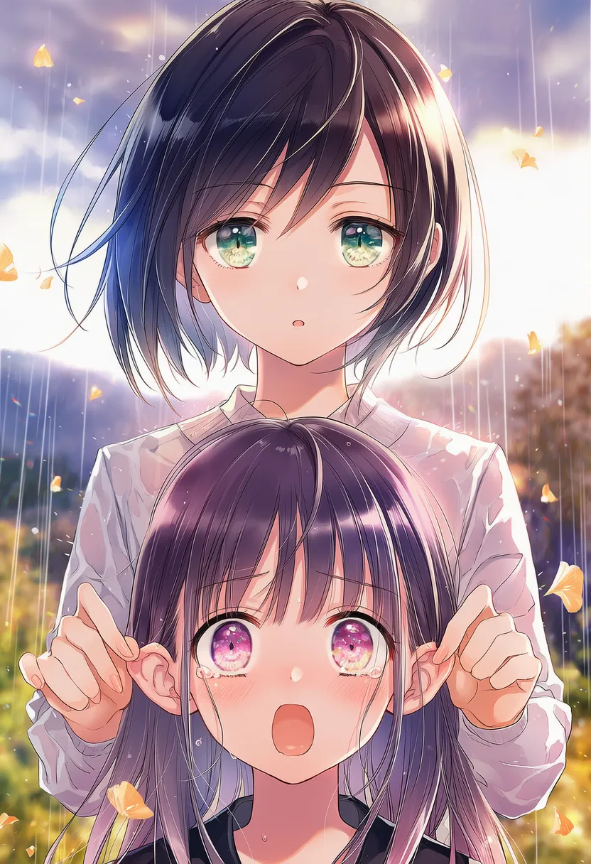 他キャラの耳を掴む2人のポーズのAIイラスト|プロンプト紹介