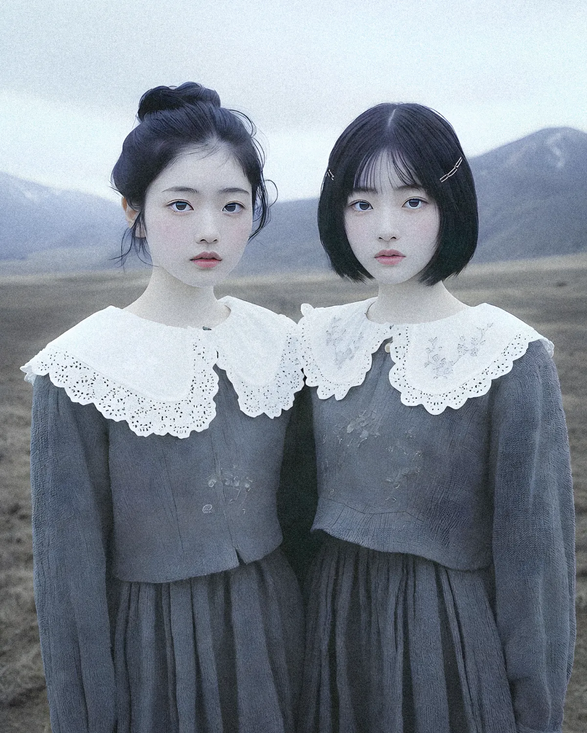 荒野に立つ双子のAI美女ポートレート|Grok Imagine生成の作例