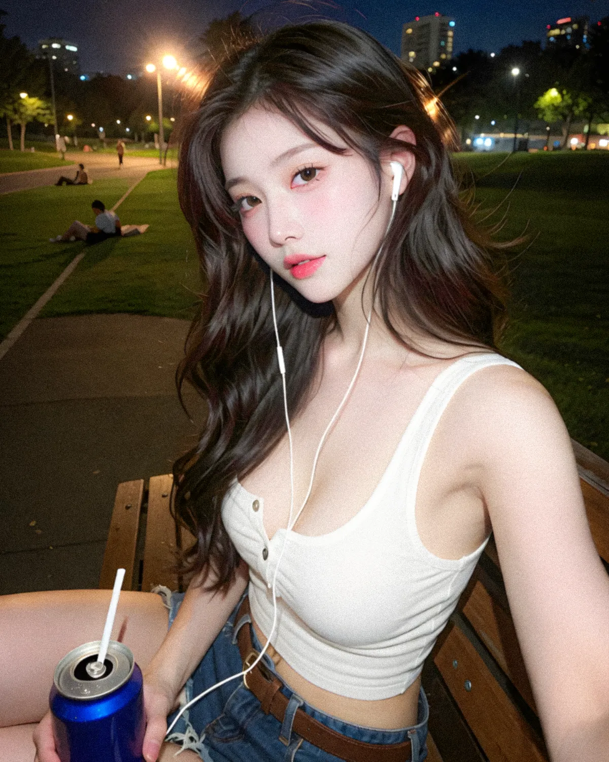 夏の公園の椅子に座って休むタンクトップ姿のAI美女|Grok Imagine生成の作例