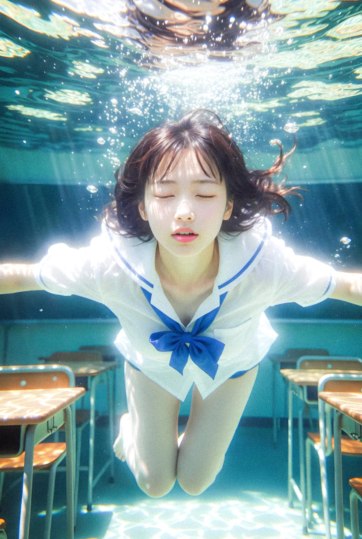 水中にある教室を泳ぐAI美女(エディトリアルポートレート風)|Grok Imagine生成の作例