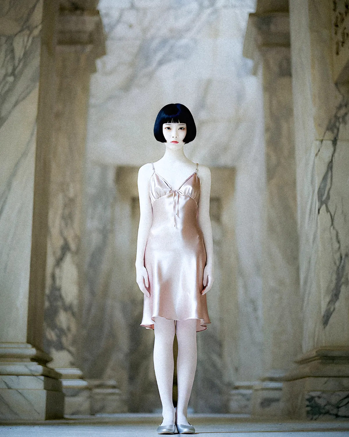 サテン生地ワンピースをきて無表情でカメラの前に立つAI美女ポートレート||Grok Imagine生成の作例