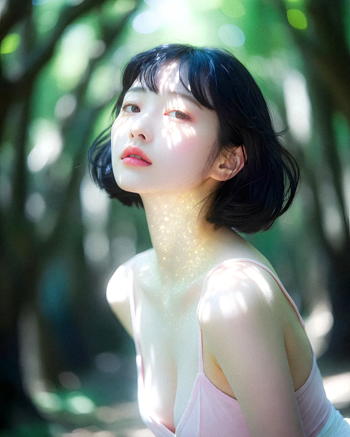 新緑の公園に立つAI美女のポートレート|Grok Imagine生成の作例