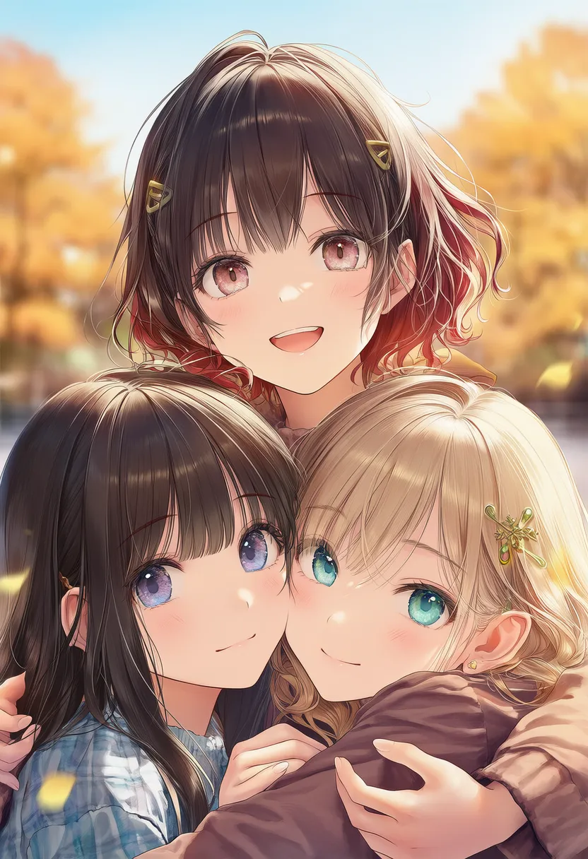 複数人で抱き合うポーズのAIイラスト|プロンプト紹介