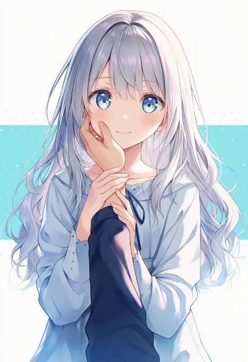 手で誘導して頬を触らせる|手のポーズのプロンプト