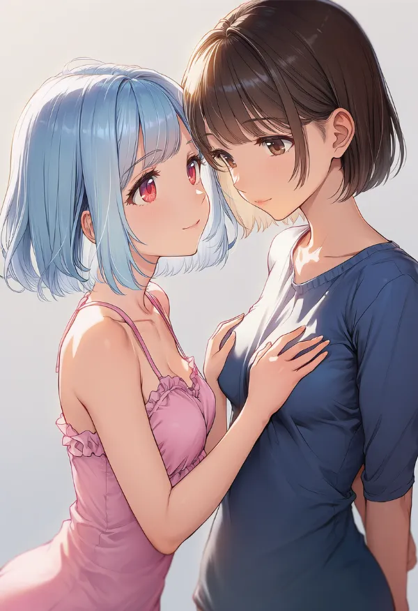 他キャラの胸を触る（hands on another’s chest）ポーズのプロンプト紹介｜AIイラスト