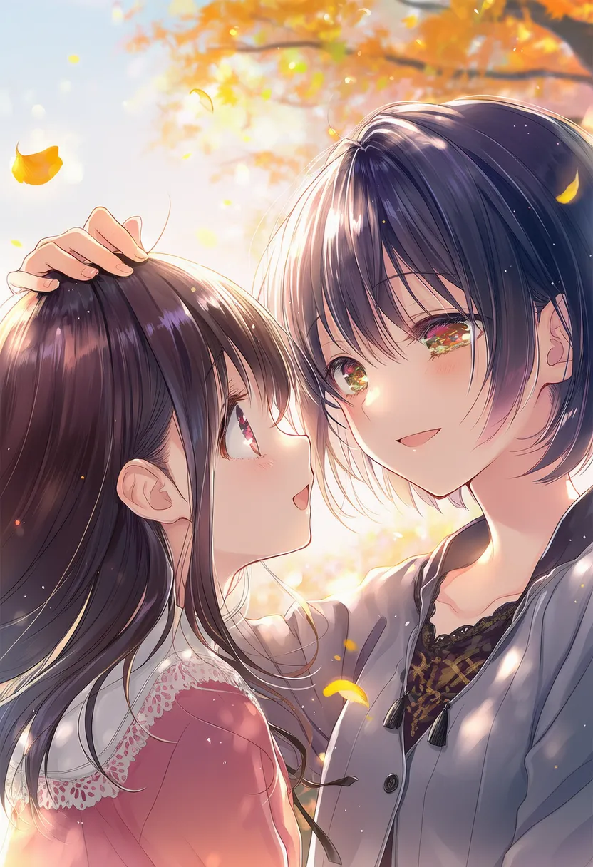 頭を撫でる2人のポーズのAIイラスト|プロンプト紹介